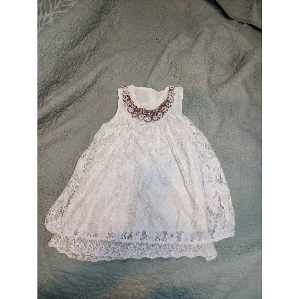 Ivory Lace Dress with Beaded Neckine